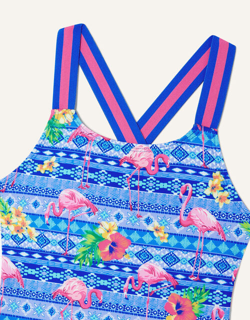 Flamingo Print Stripe Strap Swimsuit, Blue (BLUE), large