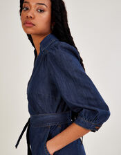 Denim V-Neck Belted Midi Dress, Blue (DENIM BLUE), large