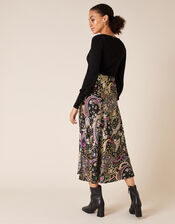 Paisley Print Satin Midi Skirt, Black (BLACK), large