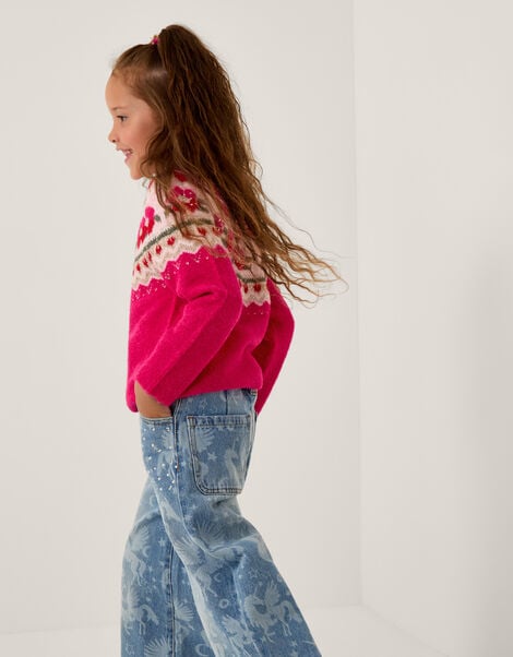 Rhinestone Floral Fair Isle Jumper, Pink (PINK), large