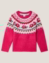 Rhinestone Floral Fair Isle Jumper, Pink (PINK), large