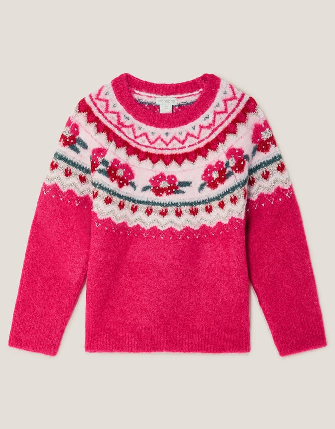 Rhinestone Floral Fair Isle Jumper, Pink (PINK), large