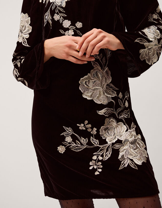 Fia Floral Embroidered Velvet Tunic Dress, Black (BLACK), large