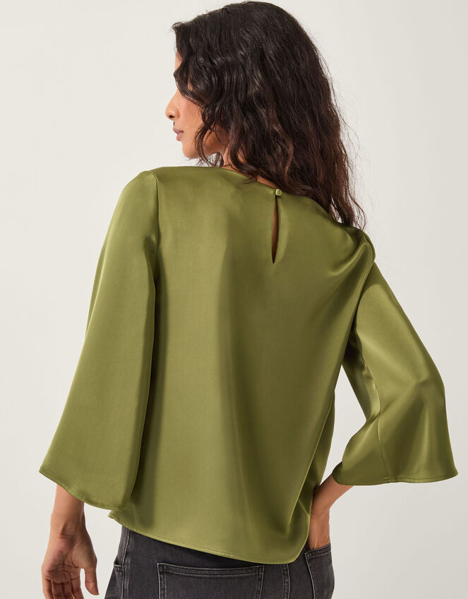 Ingrid Bell Sleeve Satin Blouse, Green (OLIVE), large