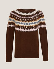 Fran Embellished Fair Isle Jumper, Brown (BROWN), large