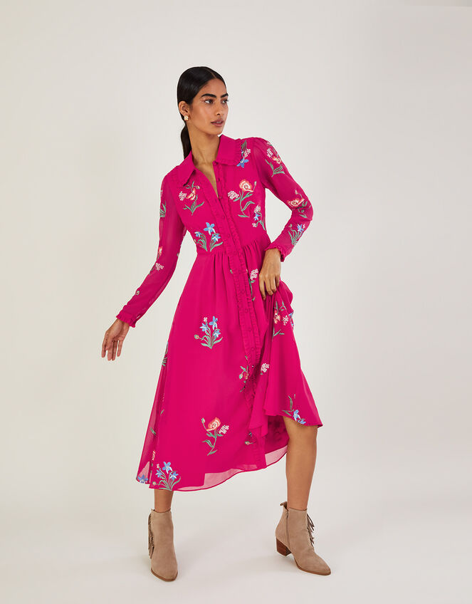 Mara Embroidered Shirt Dress in Recycled Polyester, Pink (PINK), large