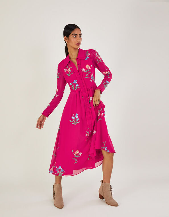 Mara Embroidered Shirt Dress in Recycled Polyester Pink, Pink (PINK), large