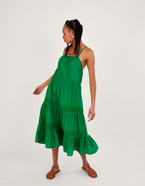 Plain Broderie Lace Trim Midi Dress in Sustainable Cotton, Green (GREEN), large