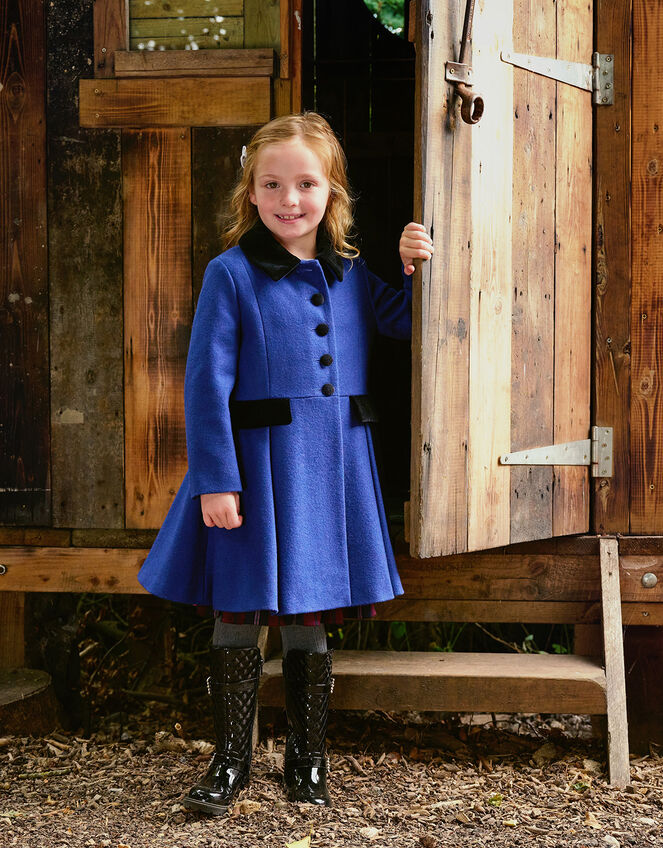 Velvet Trim Skirted Military Coat, Blue (BLUE), large