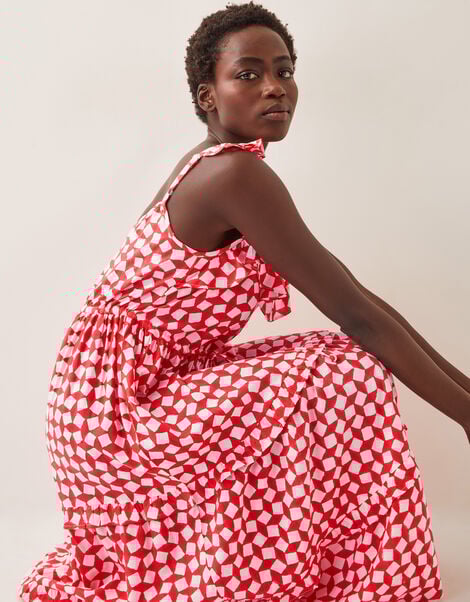 Geena Geometric Woodblock Midi Dress, Orange (CORAL), large