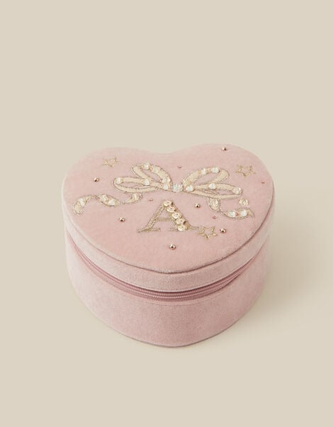 Embellished Heart Velvet Initial Jewellery Box, Pink (PINK), large