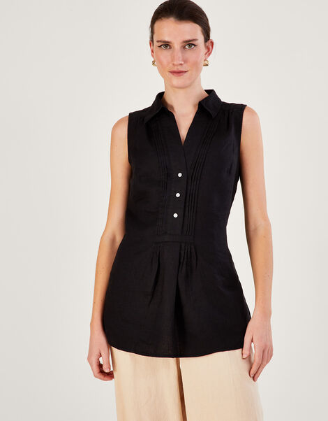 Beryl Longline Linen Tunic Top, Black (BLACK), large