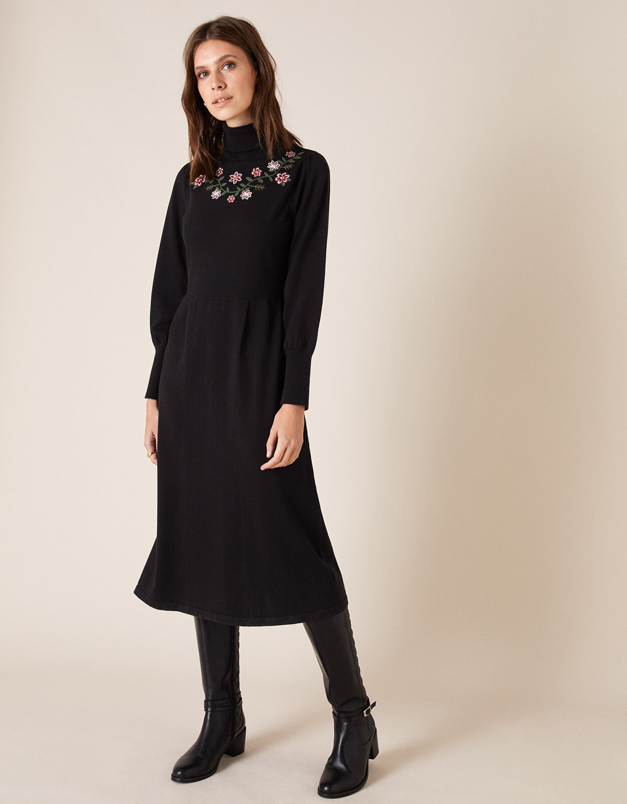 Embroidered Yoke Knit Midi Dress Black Day Dresses Monsoon Global