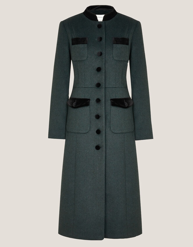 Viv Velvet Trim Military Coat, Green (GREEN), large