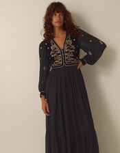 Ella Floral Embellished Velvet Maxi Dress, Black (BLACK), large