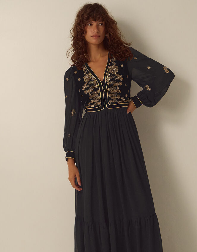 Ella Floral Embellished Velvet Maxi Dress, Black (BLACK), large