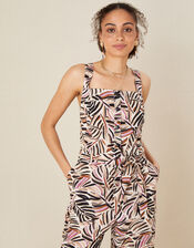 Palm Print Poplin Jumpsuit, Natural (STONE), large