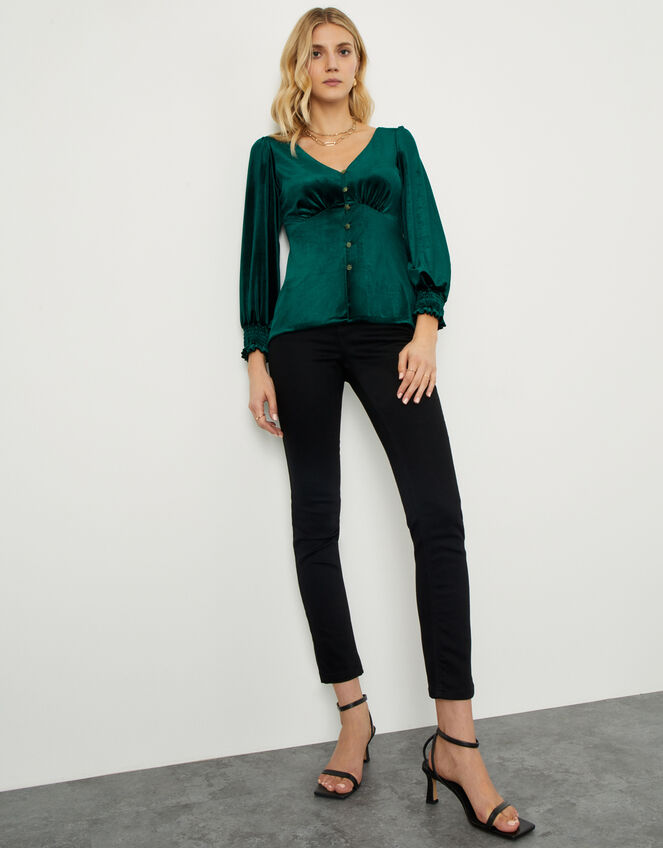 Gracie Button Through Velvet Blouse, Green (GREEN), large