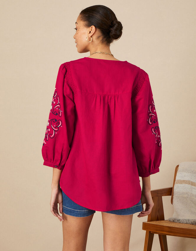 Embroidered Shirt in Linen Blend, Red (RED), large