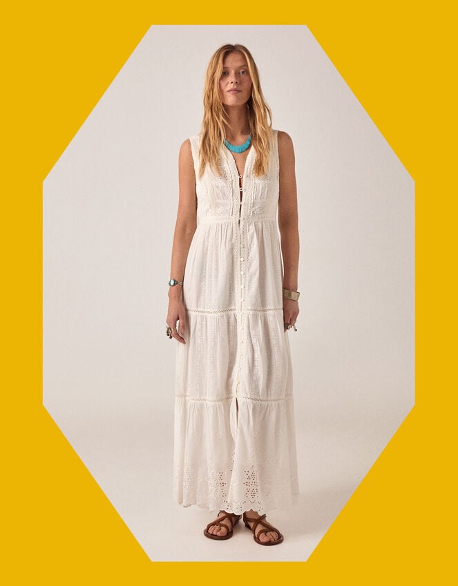 Maison Hotel Gino Broderie Lace Maxi Dress, White (WHITE), large