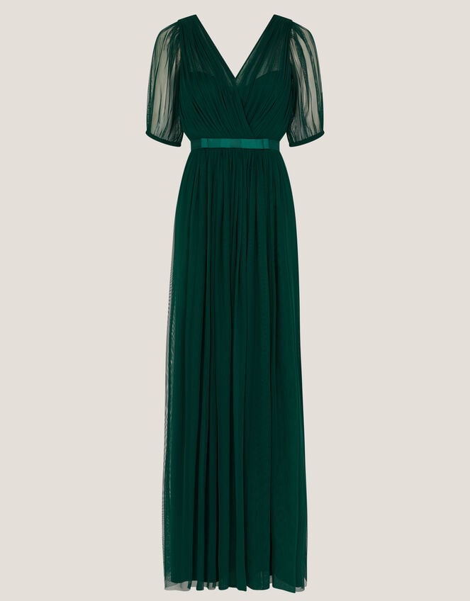 Ellie Sheer Sleeve Plunge Tulle Maxi Dress, Green (DARK GREEN), large