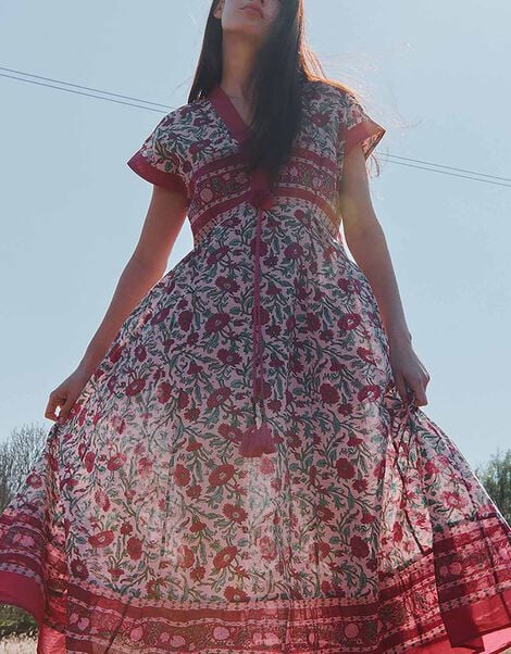 East Lessi Hand-Woodblock Border Print Dress, Red (BERRY), large