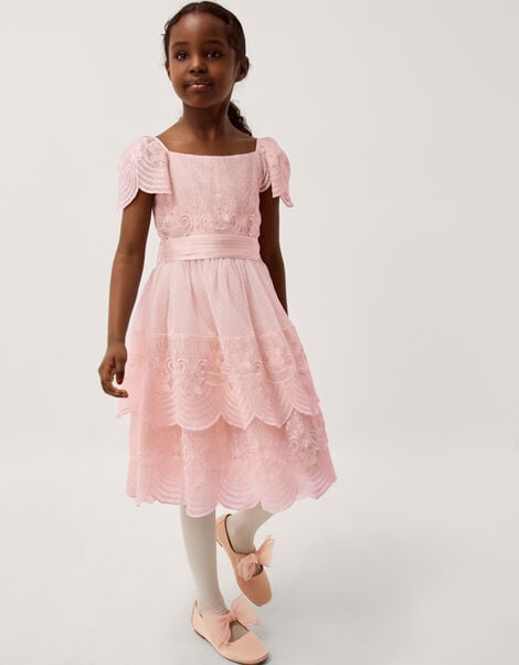 Isabel Lace Scallop Tiered Party Dress, Pink (DUSKY PINK), large