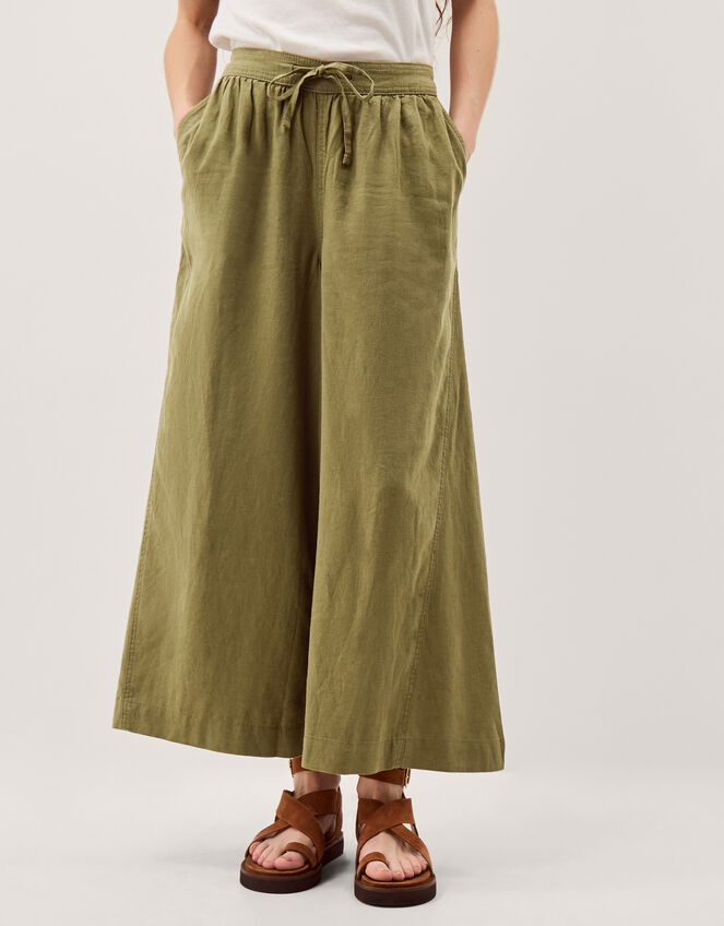 Maisie Linen Blend Cropped Wide Leg Pants, Green (KHAKI), large