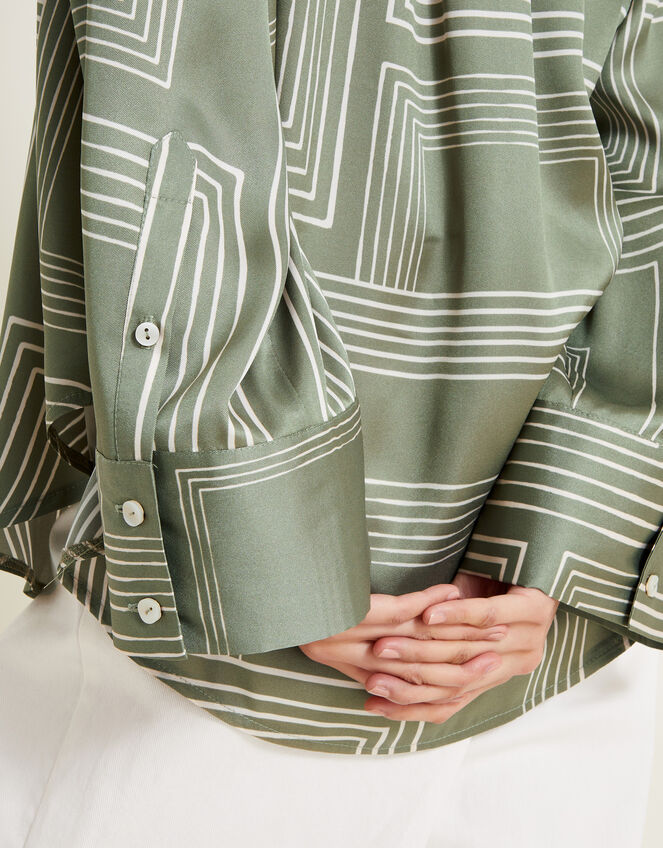 Anica Print Satin Shirt, Green (KHAKI), large
