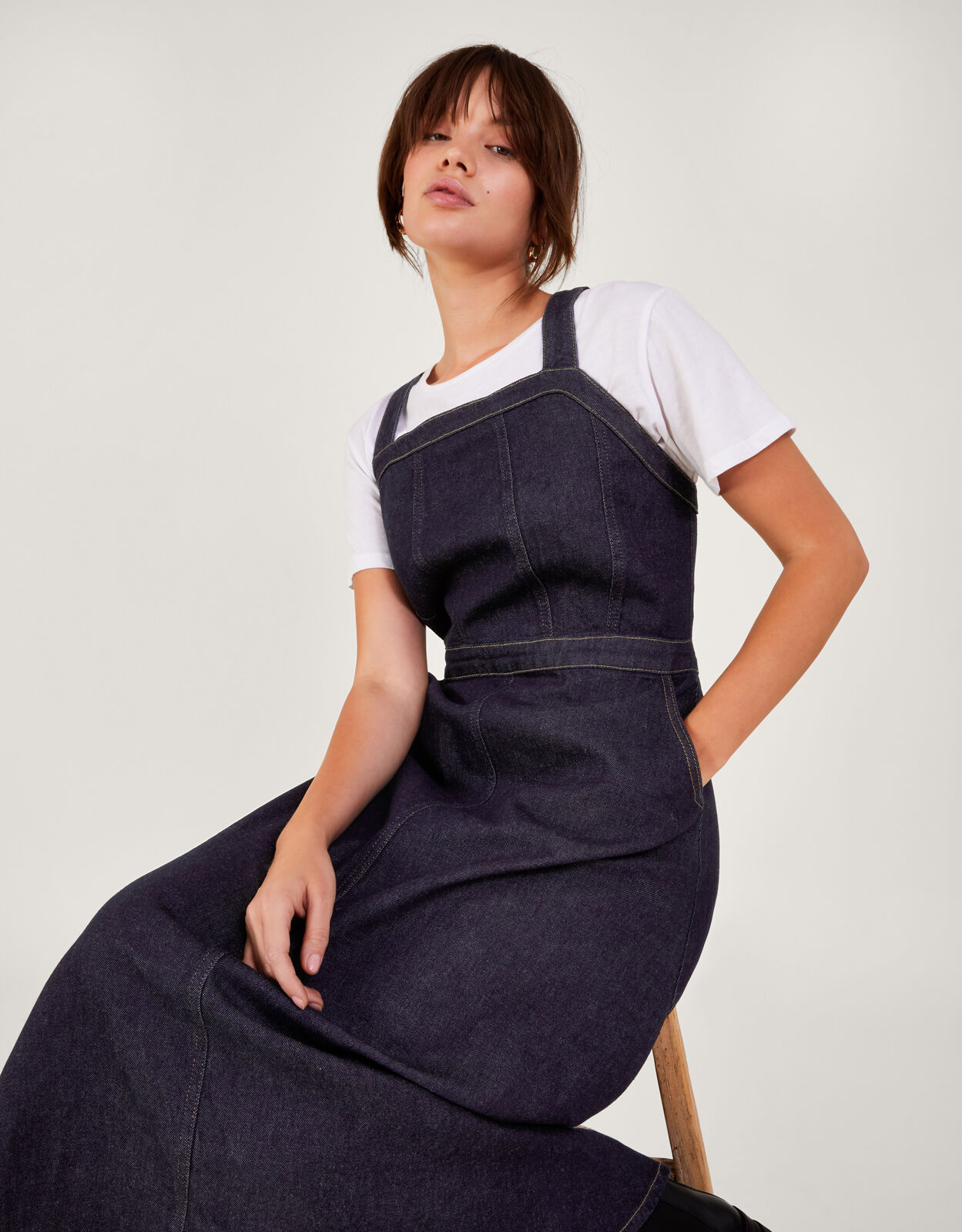 Long denim pinafore dress uk discount