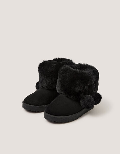 Fluffy Pom Ankle Boots, Black (BLACK), large