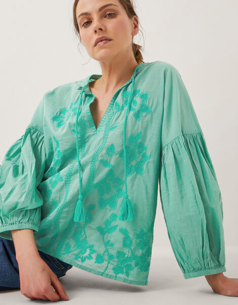 Milly Slouchy Embroidered Blouse, SEA GREEN, large