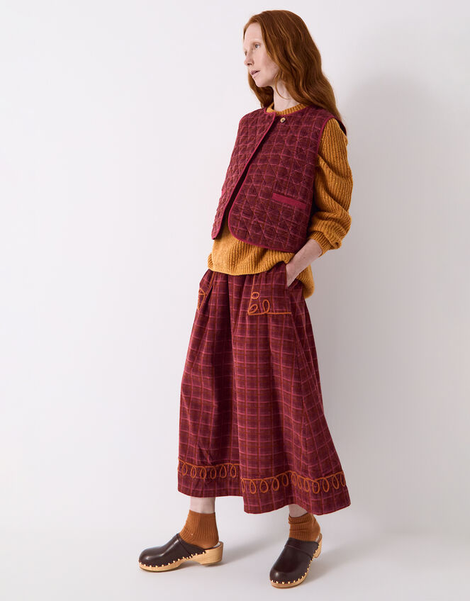 East Karina Check Corduroy Midi Skirt, Orange (RUST), large