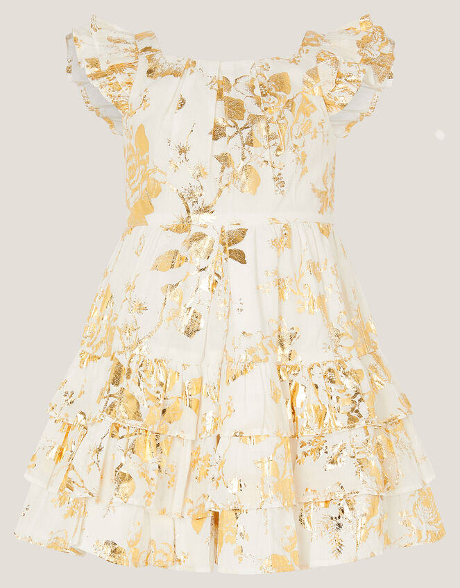 Baby Foil Floral Print Tiered Dress, Ivory (IVORY), large