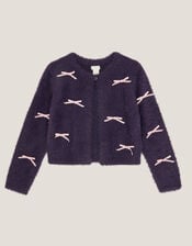 Bow Embellished Fuzzy Cardigan, Blue (NAVY), large