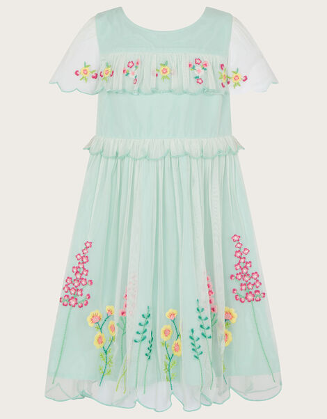 Embroidered Scallop Frill Dress, Blue (AQUA), large