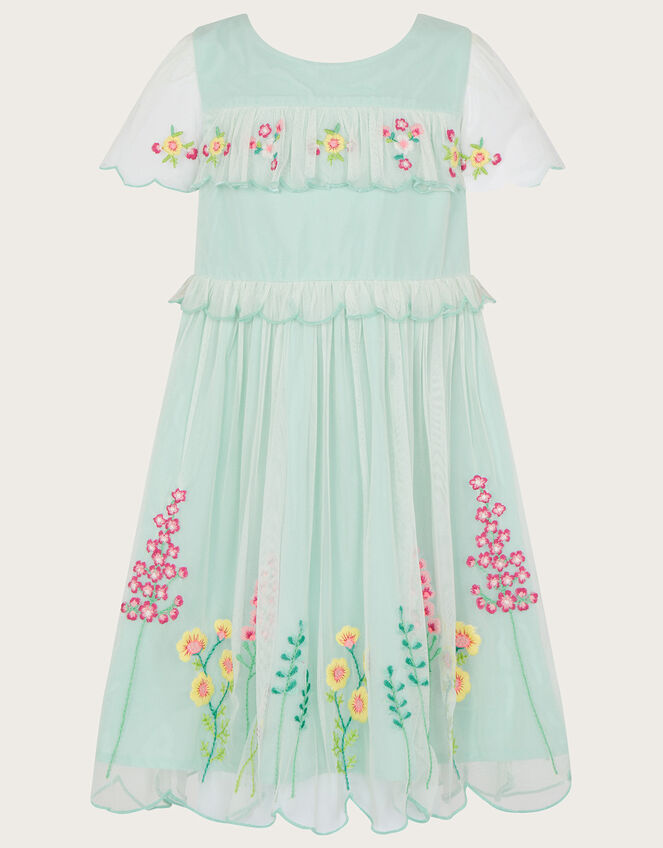 Embroidered Scallop Frill Dress, Blue (AQUA), large