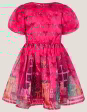 Christmas Scene Bow Puff Sleeve Dress , Pink (PINK), large