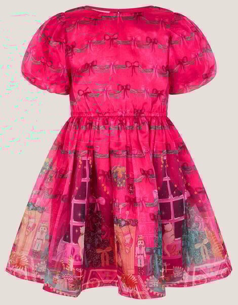 Christmas Scene Bow Puff Sleeve Dress , Pink (PINK), large