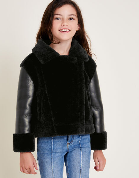 Faux Fur Aviator Jacket, Black (BLACK), large