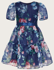 Floral Organza Puff Sleeve Dress, Blue (BLUE), large