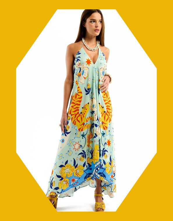 Wild Voila Tiger Print Backless Maxi Dress , Blue (BLUE), large