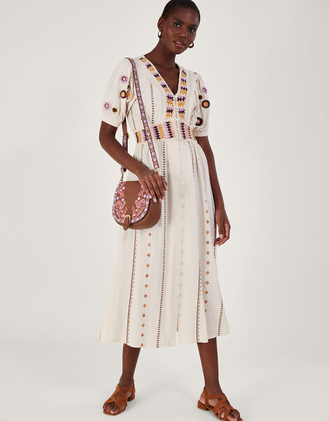 Crochet Trim Midi Dress in Linen Blend, Natural (NATURAL), large