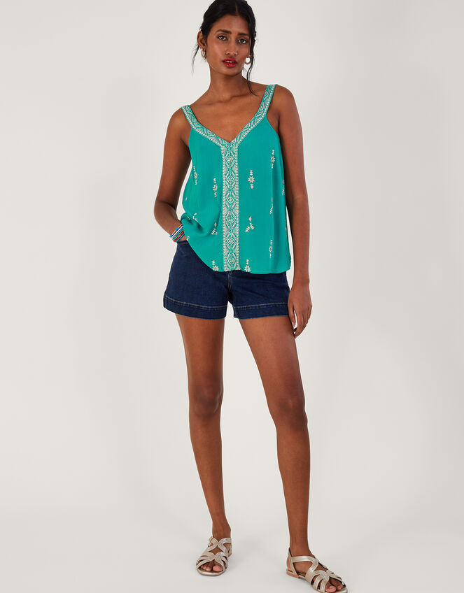 Wide Strap Embroidered V-Neck Cami in LENZING™ ECOVERO™, Blue (TURQUOISE), large