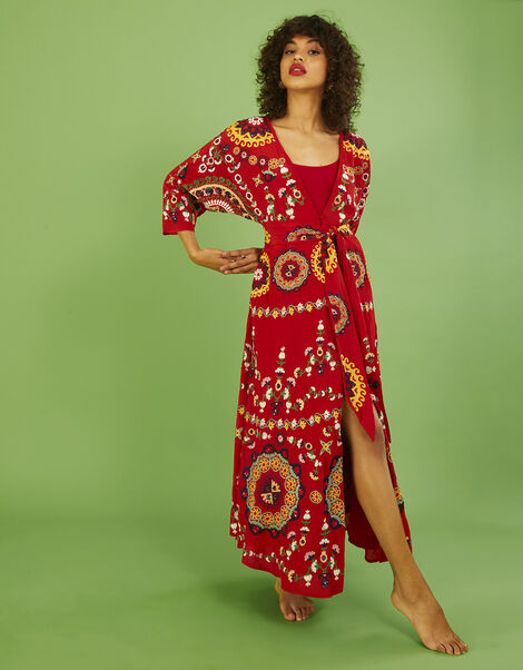 Jennifer Hand-Embellished Kimono Dress, Red (RED), large