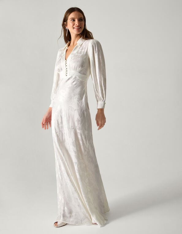 Grace Long Sleeve Satin Bridal Shirt Dress, Ivory (IVORY), large