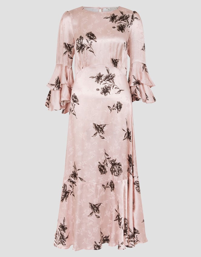 Pelia Floral Satin Ruffle Midi Dress, Pink (PINK), large