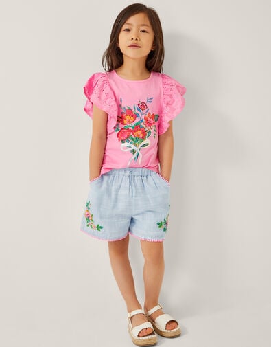 Floral Embroidered Slub Shorts, Blue (BLUE), large