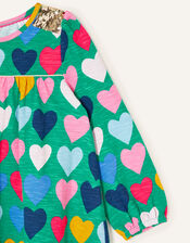 Sequin Shoulder Heart Print Dress, Green (GREEN), large