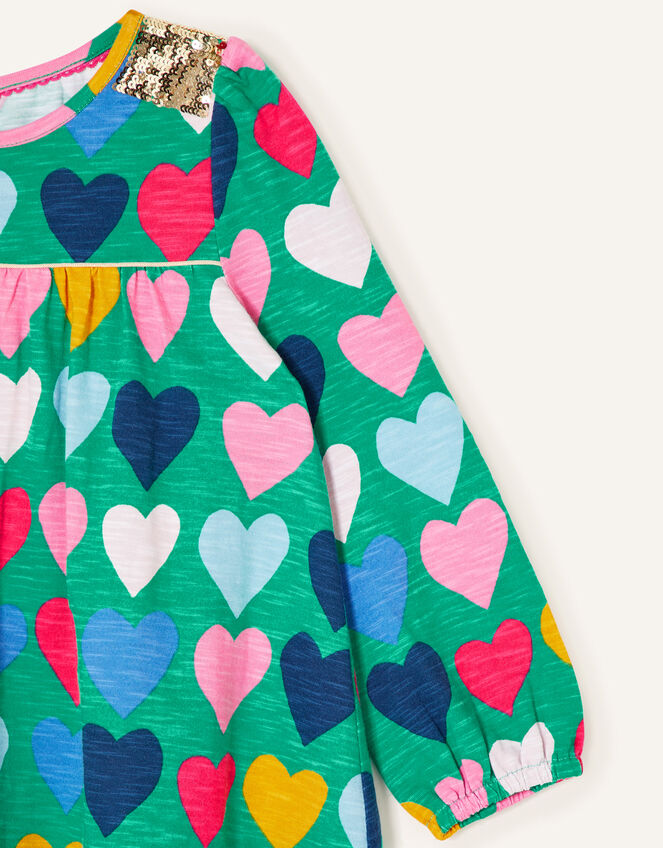 Sequin Shoulder Heart Print Dress, Green (GREEN), large